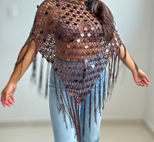 Load image into Gallery viewer, Lunara Sequin Open Crochet Fringe Knit Poncho
