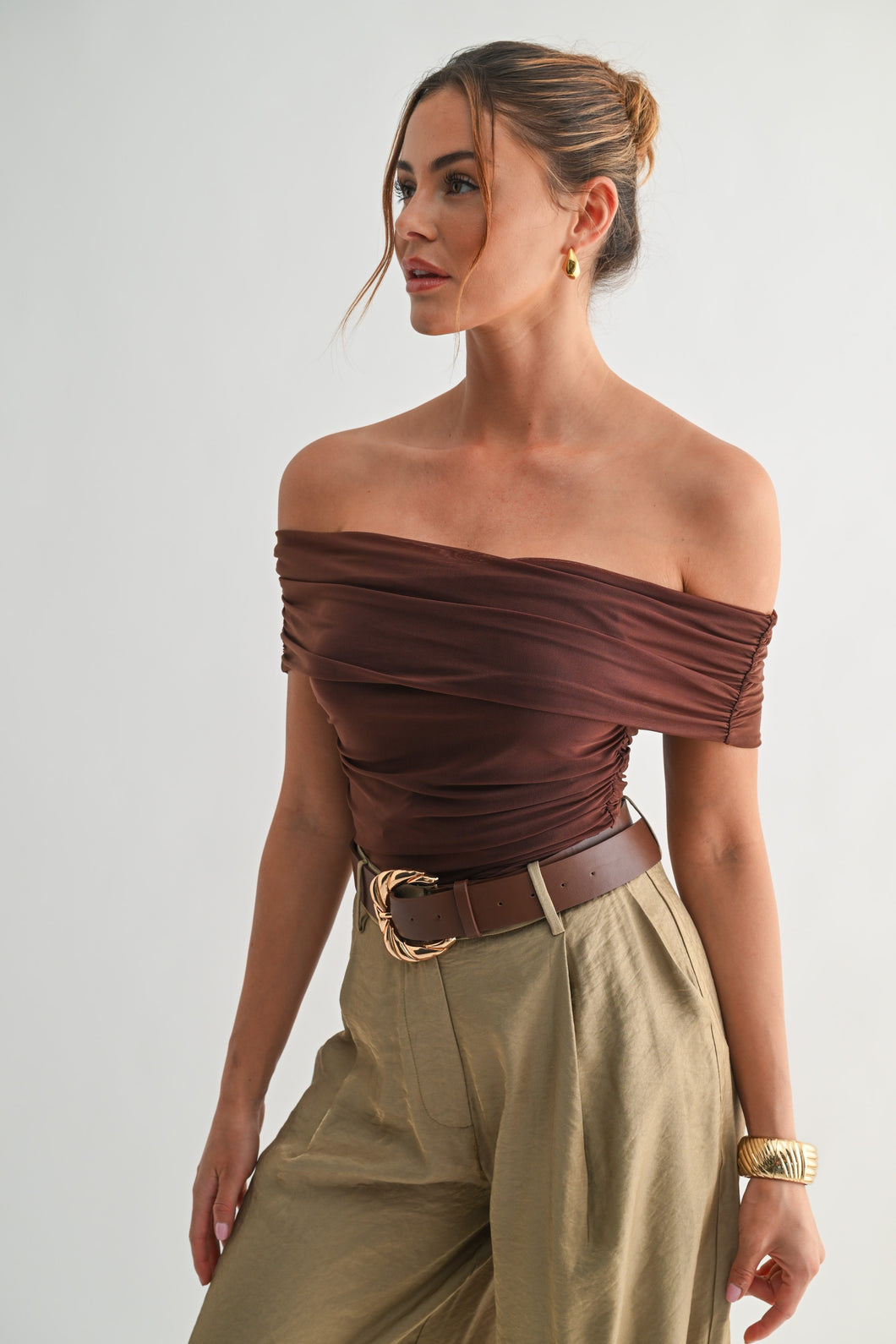 Mesh Off-shoulder Ruched Top