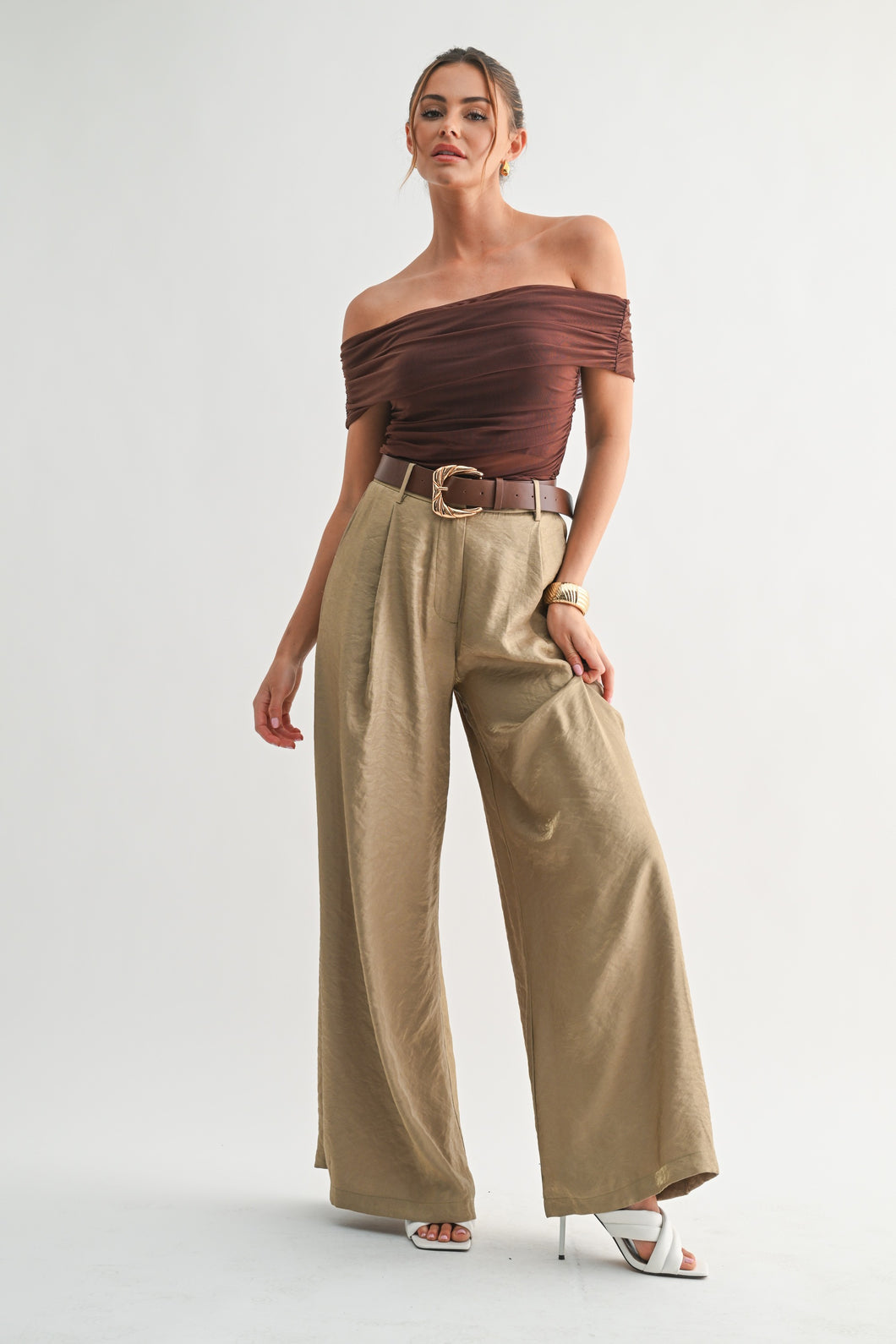Olive- Satin Belted Wide-leg Pants