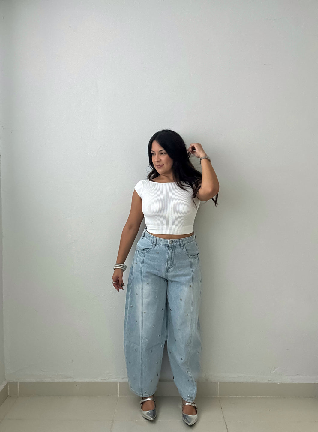 Studded Barrel Denim Pants