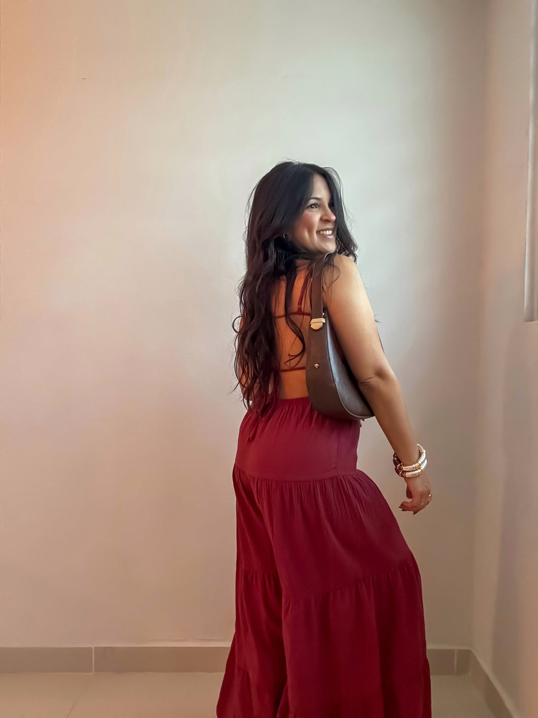 Crinkle Gauze Tiered Backless Jumpsuit