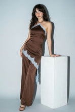 Load image into Gallery viewer, Contrast Lace Trim Satin Halter Jumpsuit
