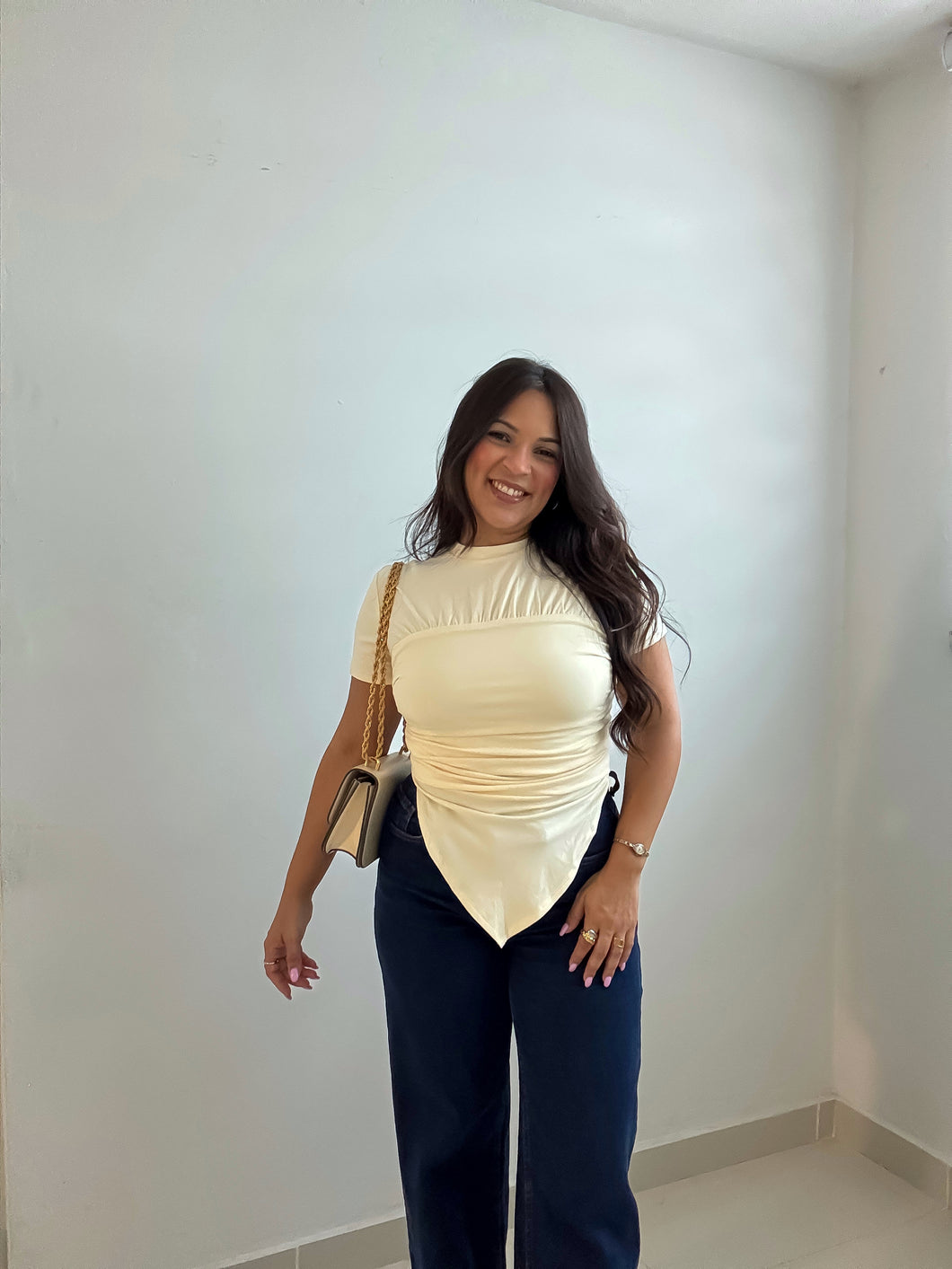 Elevated Basic Round Tuck Neck Pointed Top