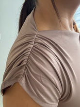 Load image into Gallery viewer, Asymmetrical Shoulder Ruched Top With Gold Trim

