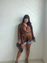 Load image into Gallery viewer, Contrast Lace Trim Satin Wrap Romper
