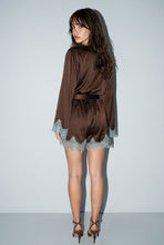 Load image into Gallery viewer, Contrast Lace Trim Satin Wrap Romper
